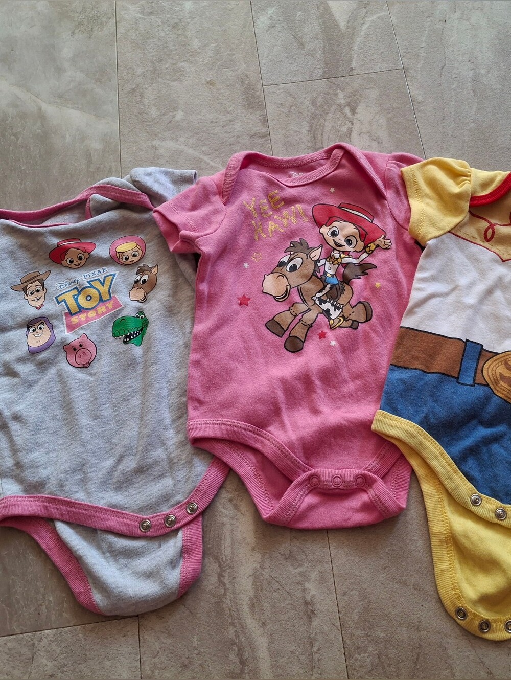 Disney Pink, Gray & Yellow Toy Story Baby One-Pieces